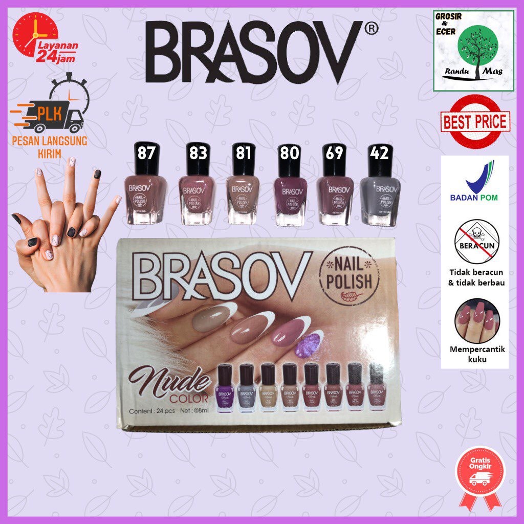 [1 BOX ISI 24 Pcs ] Brasov Kutek Nude Nail Polish 8 ML Cat Kuku Warna Halal Wanita BPOM Kuteks Murah