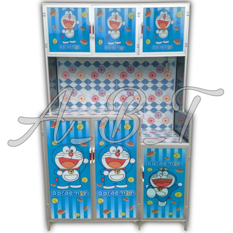 rak piring aluminium 3 pintu legok kaca lukis karakter doraemon
