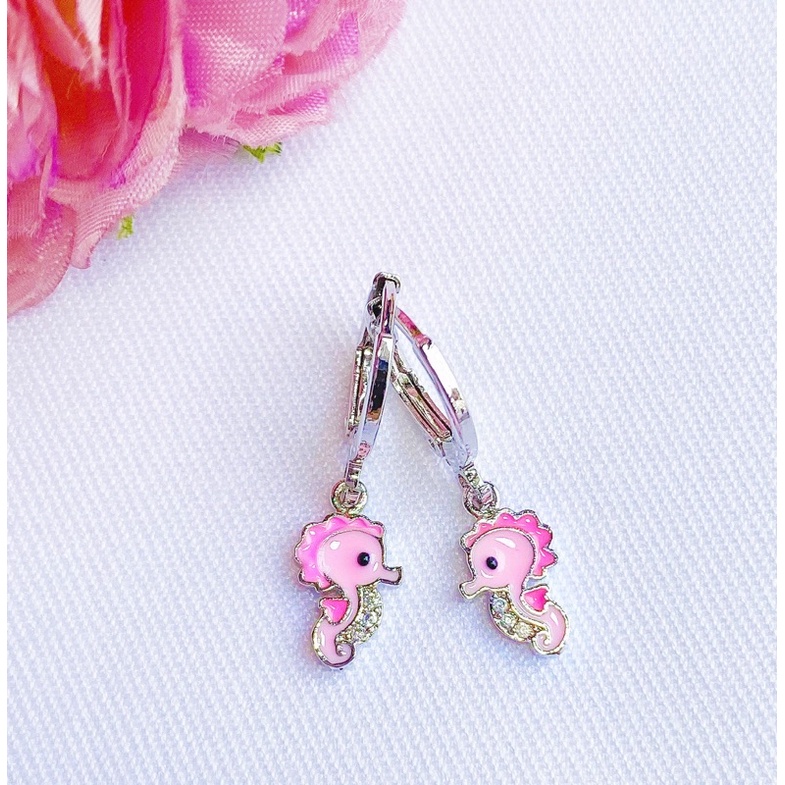 Anting Anak Titanium Pink Seahorse Lapis Emas Kristal Zirconia