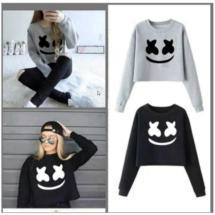 Michellestore Sweater Wanita Crop Marsmellow Smile - Hitam