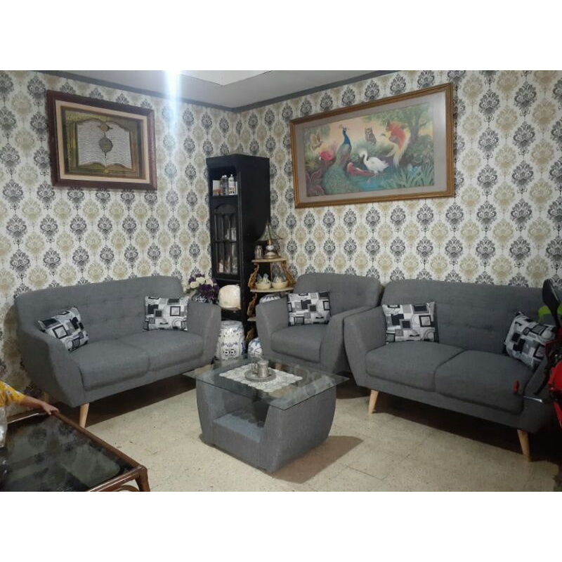 sofa retro 2 seater +2 seater +1 seater +meja bungkus kaca