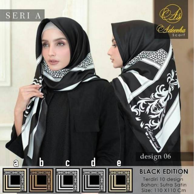 SEGIEMPAT SATIN BLACK. JILBAB ADEEVA. HIJAB SEGI4 HITAM MOTIF. KRUDUNG