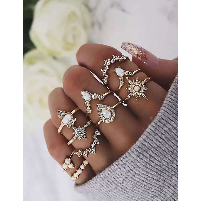 LRC Cincin Set Fashion Gold Star Droplet Diamond Protein Ring Set Of 10 F48103