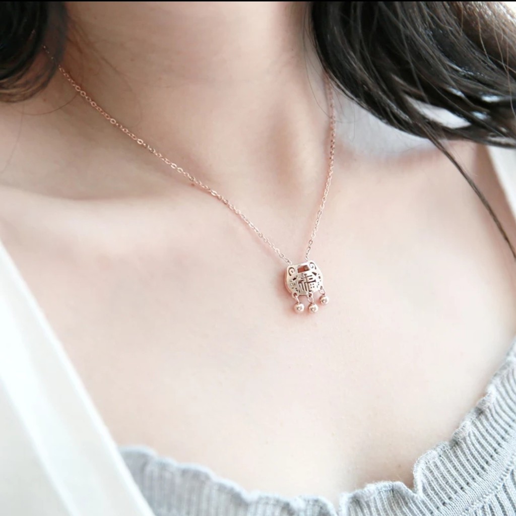 Kalung Titanium Etnis China Umur Panjang Warna Rose Gold dan Silver