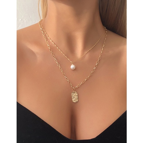 LRC Kalung Fashion Golden Double-layer Square Brand Pearl Necklace V82156