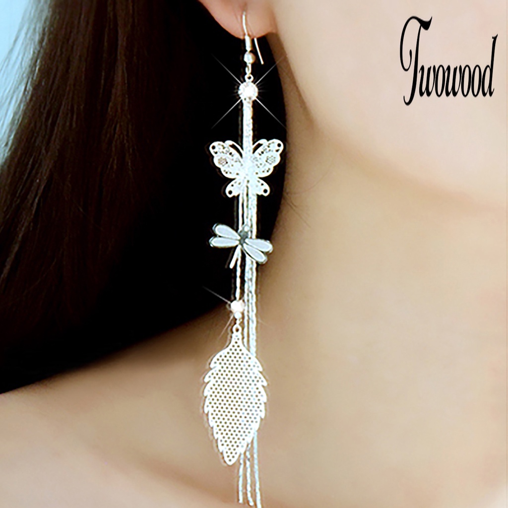 1 Pasang Anting Rantai Rumbai Desain Butterfly Dragonfly Leaf Linear Aksen Berlian Imitasi Untuk Wanita