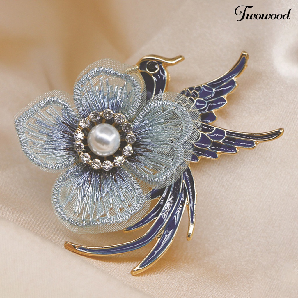 Twowood Embroidery Flower Lapel Pin Enamel Bird Alloy Faux Pearl Rhinestone Brooch Pin Costume Accessories