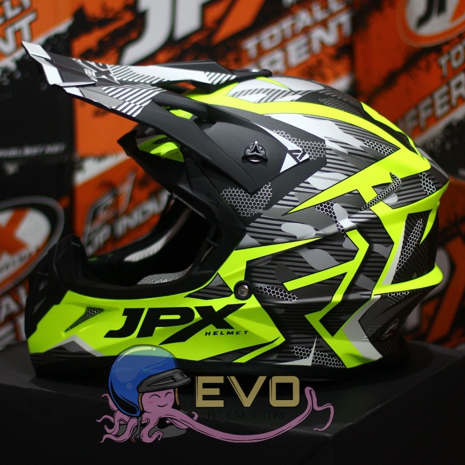 HELM JPX CROSS_FOX1 SERI X35 - FLUO YELLOW DOFF + GOOGLE SNAIL (ONGKIR 2 KG) HELM JPX X35 YELLOW FLUO ORIGINAL HELM JPX CROSS X35 MOTIF HELM JPX TERBARU