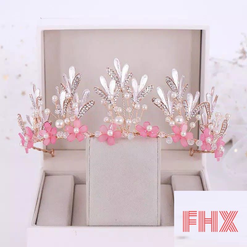 FerenHongXia mahkota tiara bunga warna pink bridal untuk wanita