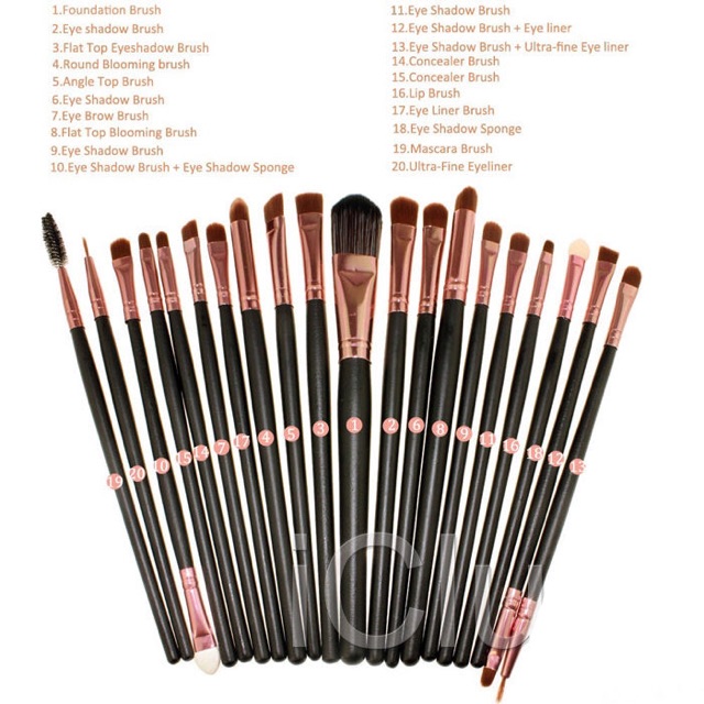 Kuas Make Up UK Professional Cosmetic Brush 20 Set - Black/Brown