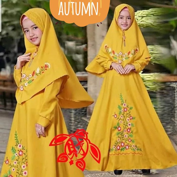 Jual baju muslim anak 6-8thn dress lebaran set gamis syari+ jilbab kuning Murah