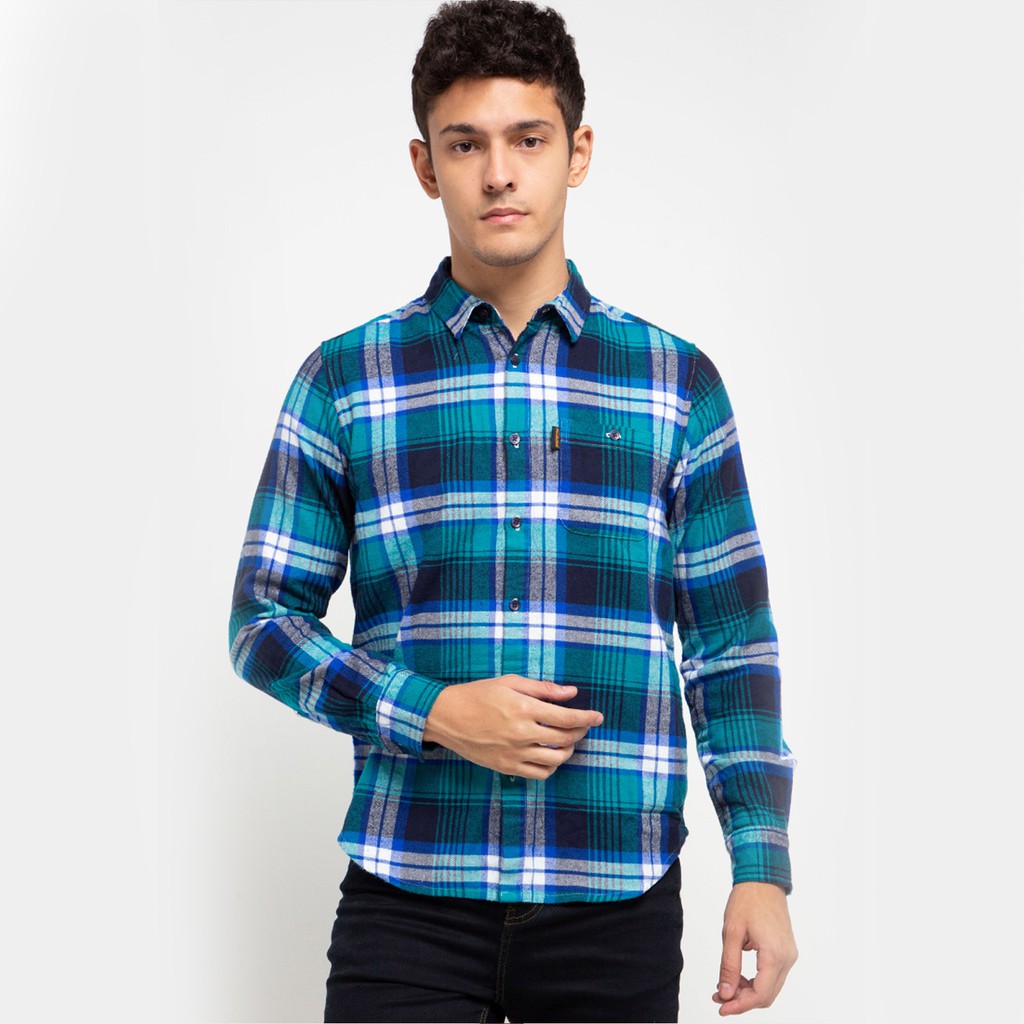 Brand Revolution - Kemeja Flanel Lengan Panjang Pria Slimfit Hookman Blue