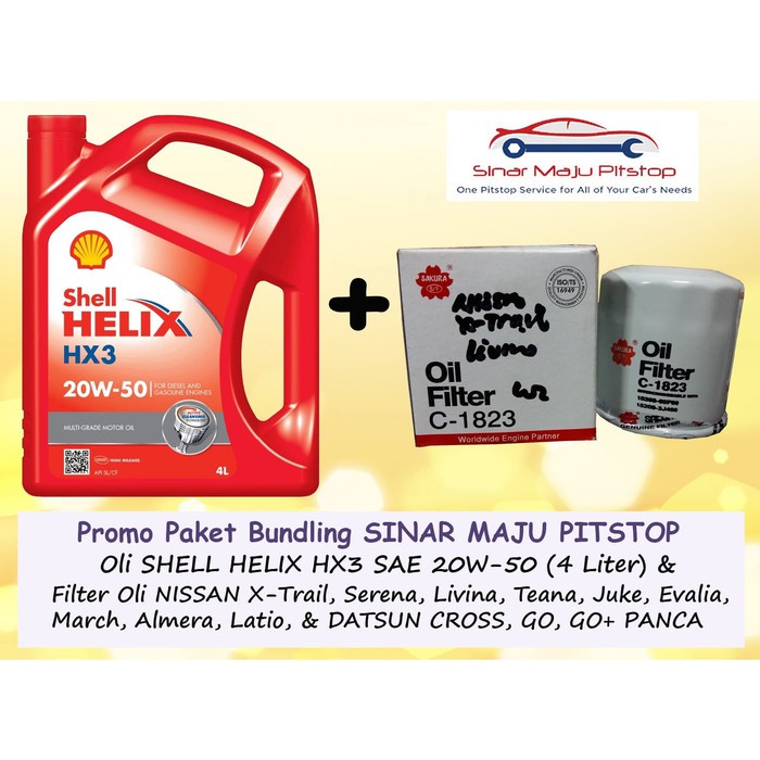 Paket Bundling Oli Mobil SHELL HELIX HX3 20W-50 (4 Ltr) & Filter Oli DATSUN GO & DATSUN GO+ PANCA