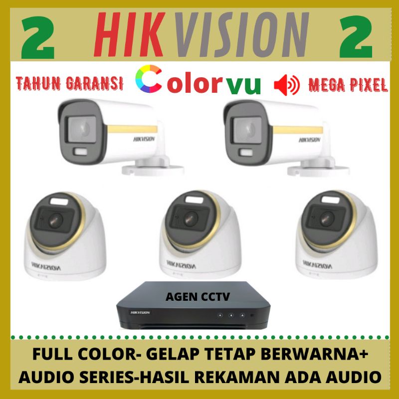 PAKET CCTV HIKVISION COLORVU 2MP 8 CHANNEL 5 KAMERA AUDIO FULL COLOR