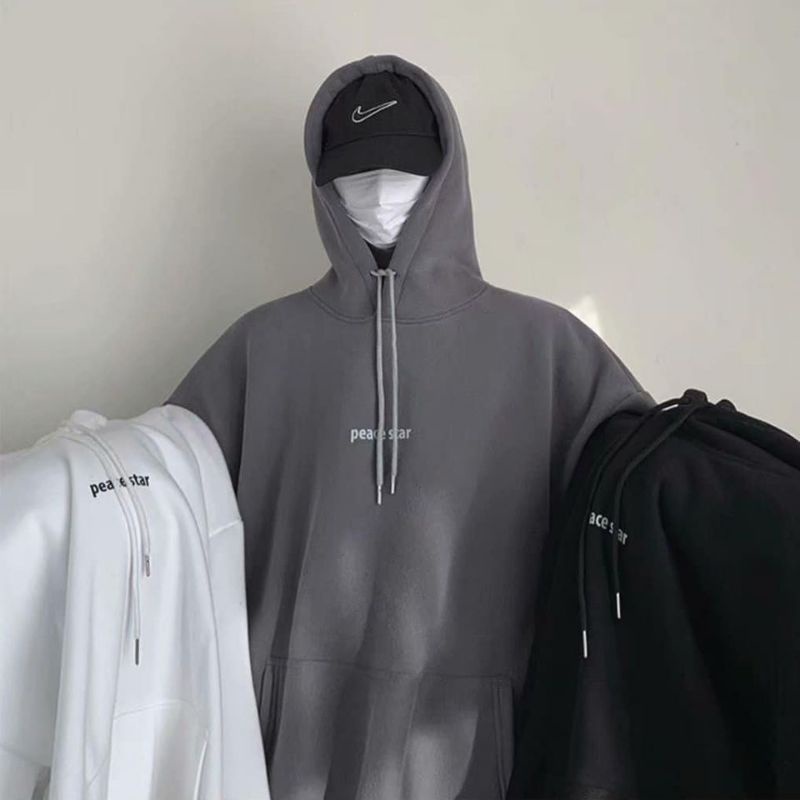 (S - 6XL) Hoodie Jumper Simple Style PEACE STAR Jaket Jumbo Korean Harajuku Style Hip Hop Pria Wanita Bigsize Oversize Minimalist Logo S M L XL XXL XXXL XXXXL 3XL 4XL 5XL HITAM putih BIG SIZE Jaketin Aja