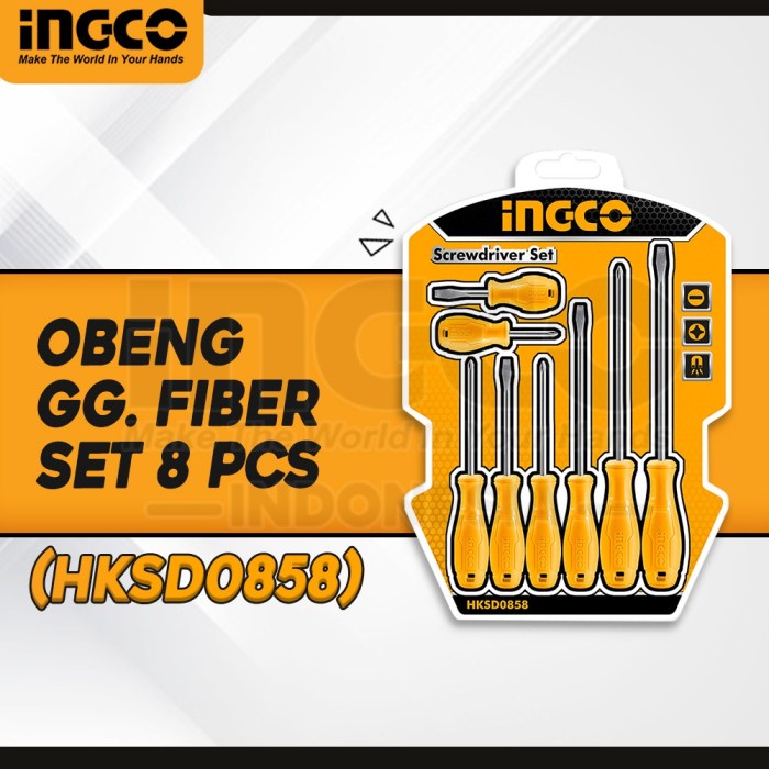 INGCO Obeng Set 8 Pcs Bahan CRV Magnetic Screwdriver Set Gagang Fiber