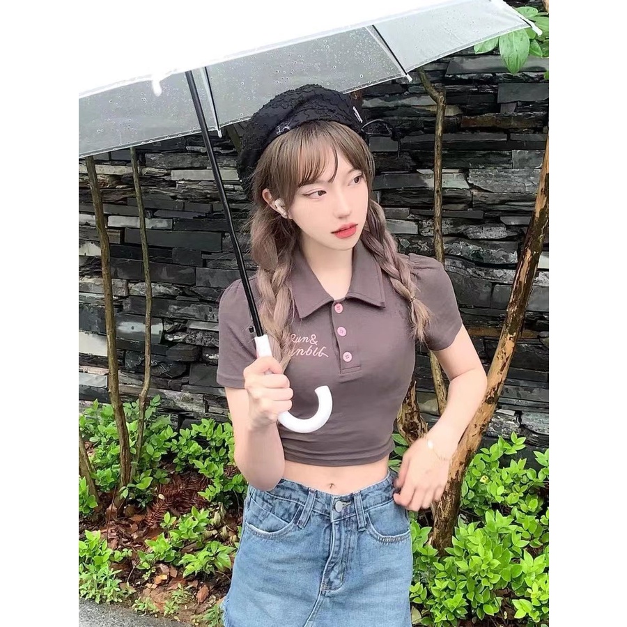 Suhao luar biasa!! [Kemeja polo keinginan murni] hong kong gaya hot girl kerah lengan pendek ins net merah pendek retro t-shirt top trendi