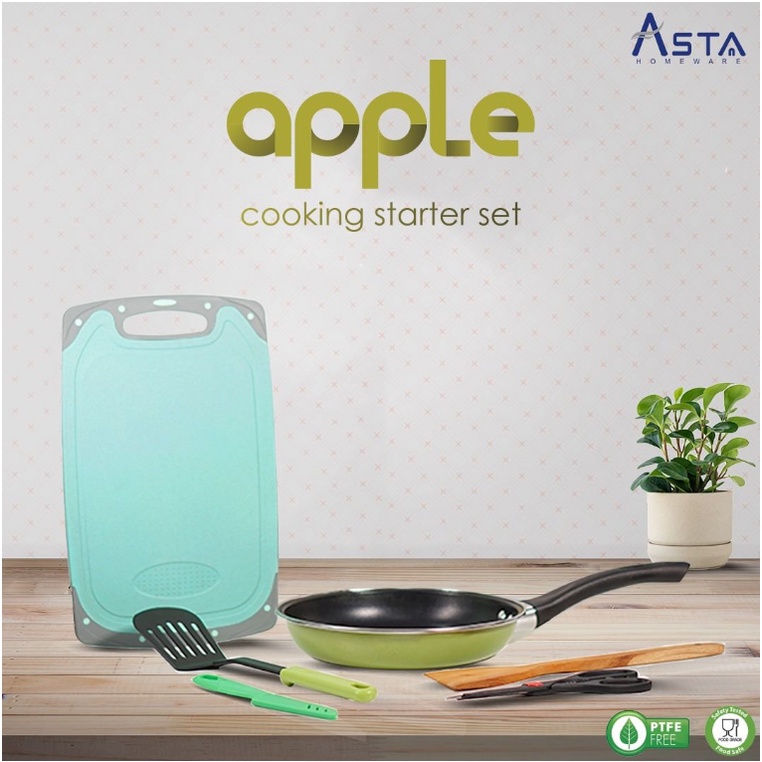 Asta Apple Royalton Panci Frypan 20 CM Spatula Nylon Kayu Gunting Buah Pisau Talenan telenan Set