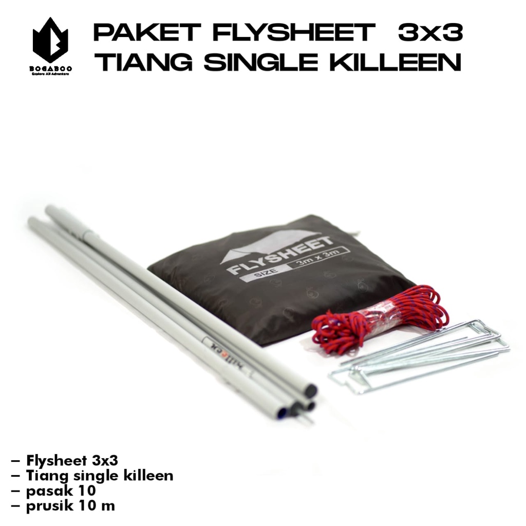 BISA (COD) PAKET Tiang Single Killeen + Flysheet 3X3 + Tali Perusik 10 M + Pasak 10Pcs