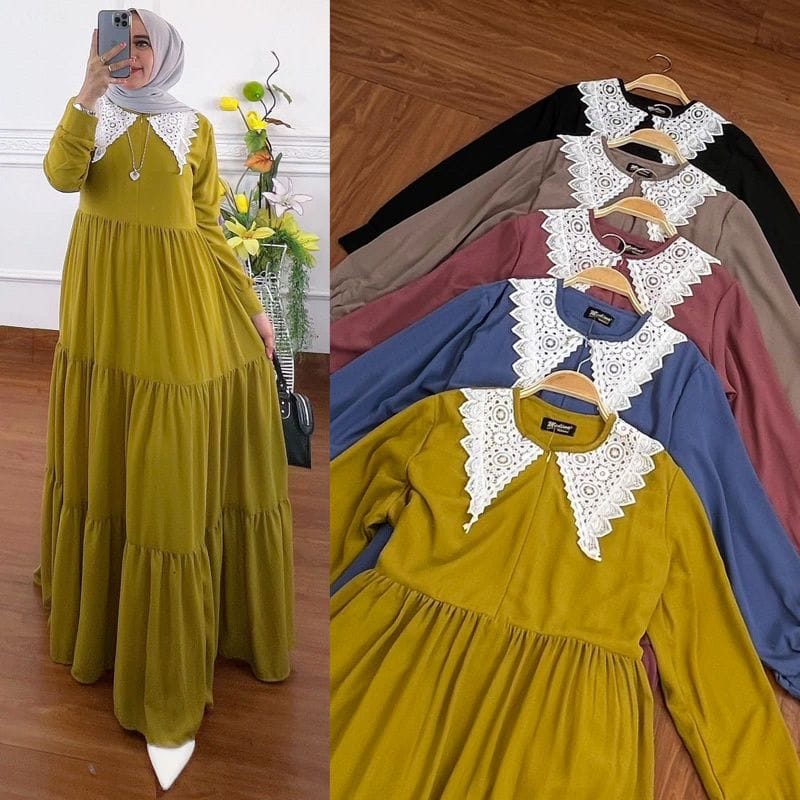 Gamis Terbaru 2022 Lianka Dress Gamis Malaysia Ceruty Babydoll Aksen Renda Baju Kondangan Wanita Gaun Pesta Muslimah