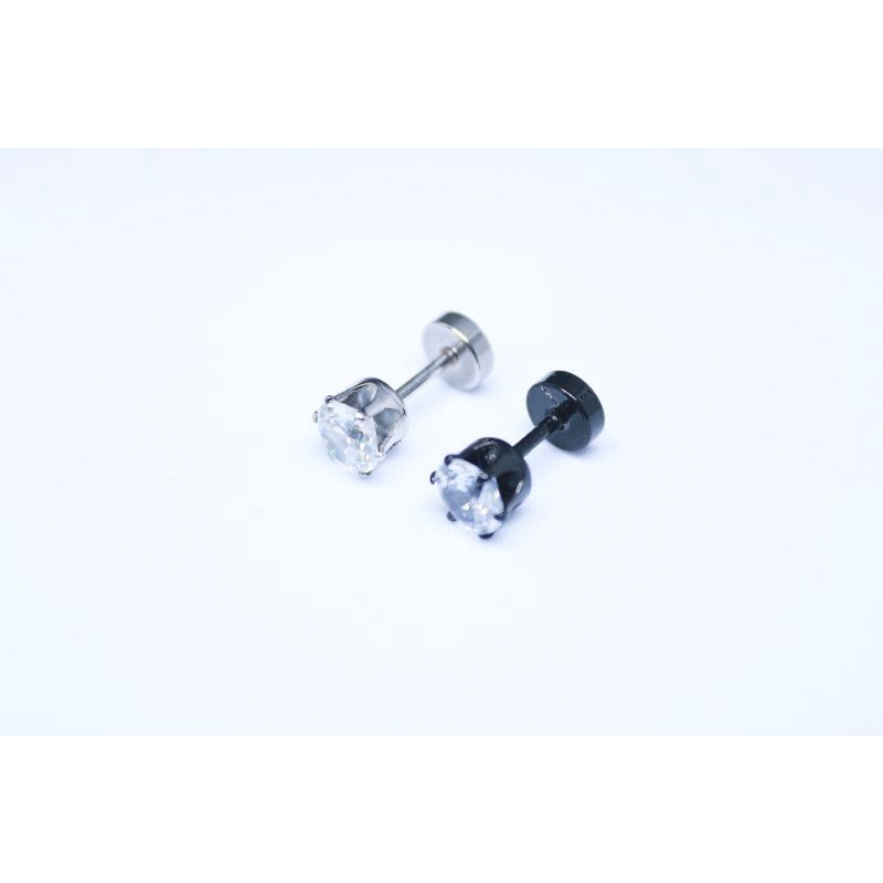 anting permata hitam dan silver ukuran 6mm / anting pria dan wanita titanium terbaru