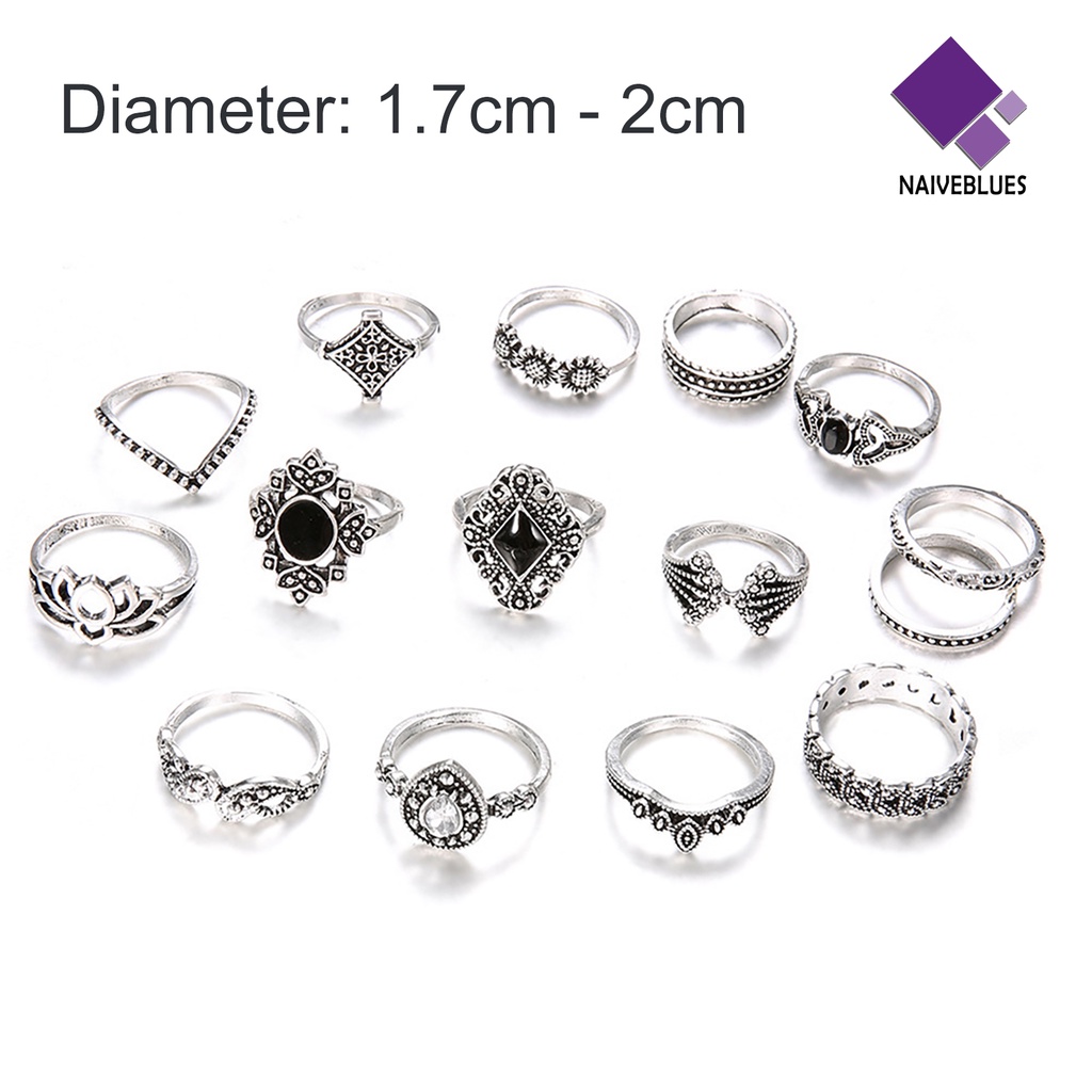 15pcs / Set Cincin Jari Stacking Permata Imitasi Model Bunga Matahari Teratai Hollow Untuk Wanita