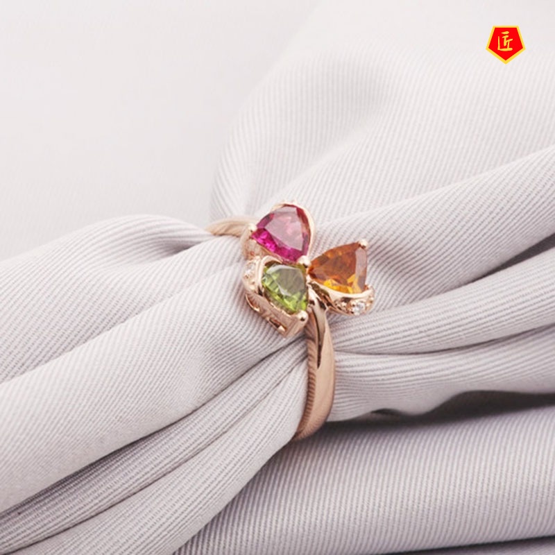 [Ready Stock]Elegant Personality Clover Colorful Gemstone Ring