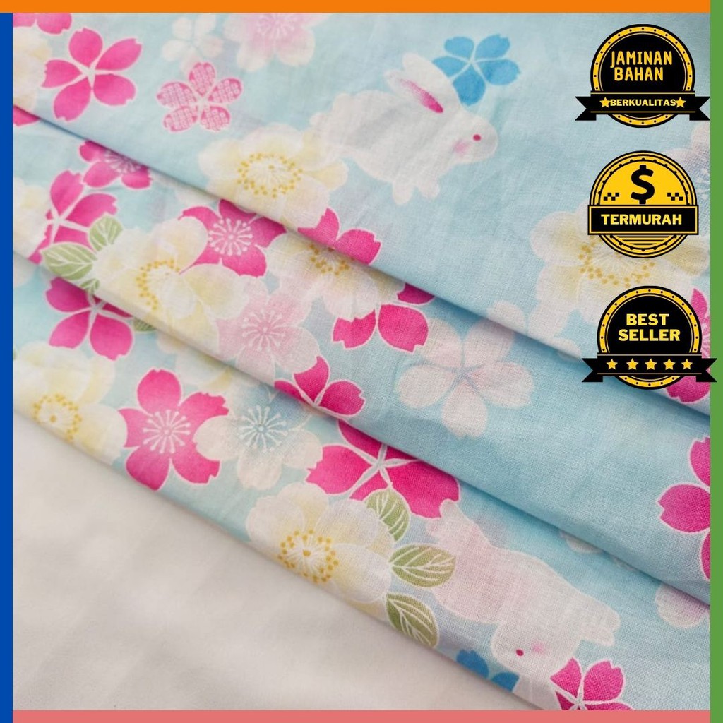 Kain Memora Kain Katun Linen Biru Muda Motif Bunga dan Kelinci Lebar - 150 cm Murah Banget Good Quality