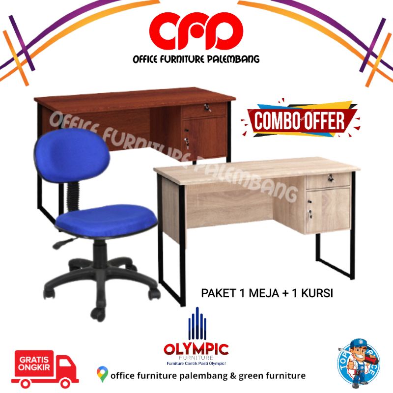 paket meja kerja + kursi putar elkana el 500t + meja olympic mts titan meja kantor kursi kantor meja