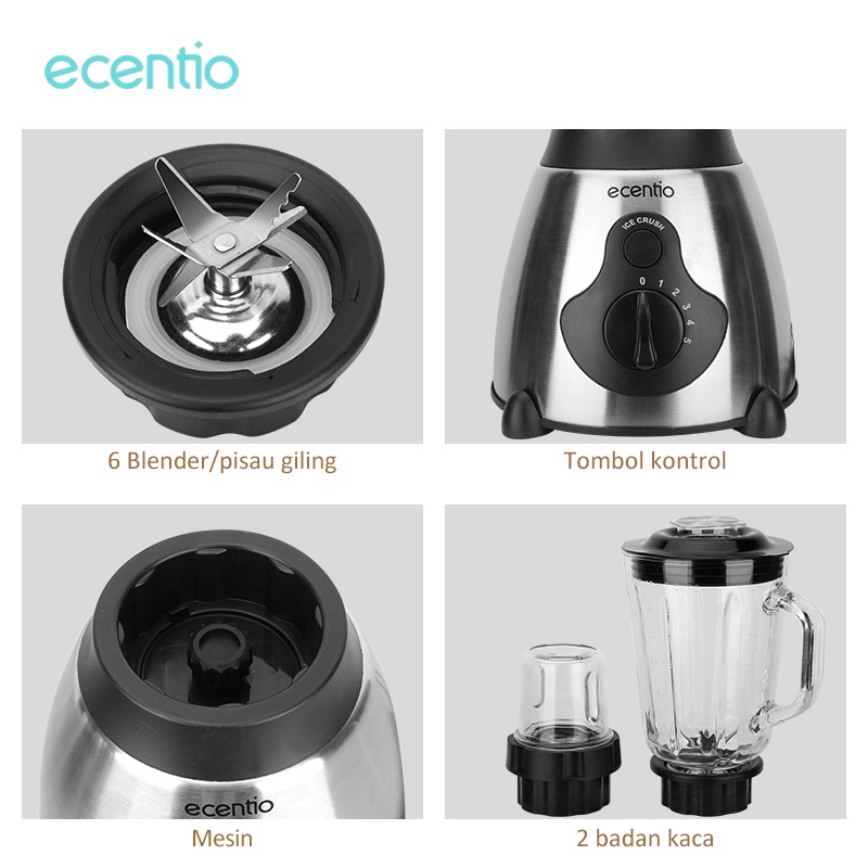 ecentio &amp; FOODI Blender mpasi bayi Kaca 6 Pisau 4 in 1 food processor 1.5L dan 300ml Penggiling Daging/Blender Juicer Jus/Blender Mesin Pengolah Makanan Kaca/Juice Mixer/Elektrik cangkir ganda serbaguna/chooper daging