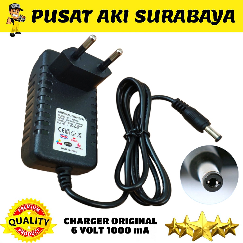 ORIGINAL ADAPTOR MAINAN MOBIL AKI 6 VOLT CASSAN CHARGER INDIKATOR LED 6V 1A JEEP CHARGE AUTO WHEELER PLIKO PMB 6VOLT YUKITA SPEEDS PASIFIC EXOTIC