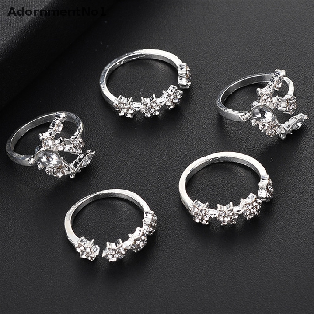 (AdornmentNo1) 5pcs / Set Cincin Vintage Gaya Boho Bentuk Bintang / Bunga / Kristal Silver Untuk Wanita