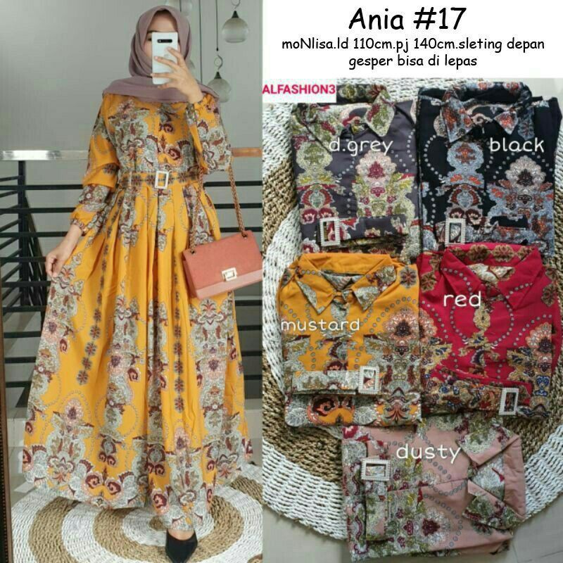 Baju Gamis Wanita Fashion Muslim Ania 17 Maxi Dress Monalisa Motif Gesper Terbaru Best Seller Murah