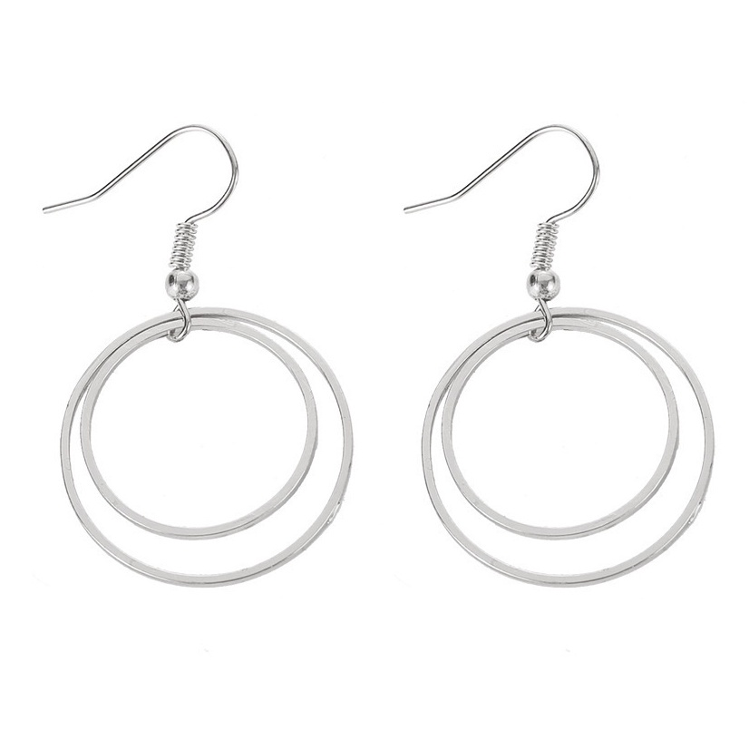 YSM ANTING TUSUK ALA KOREA 1202 ANTING WANITA KOREAN FASHION PANJANG PITA PERSEGI BUNGA EARRING MURAH IMPORT-2 LINGKARAN SILVER