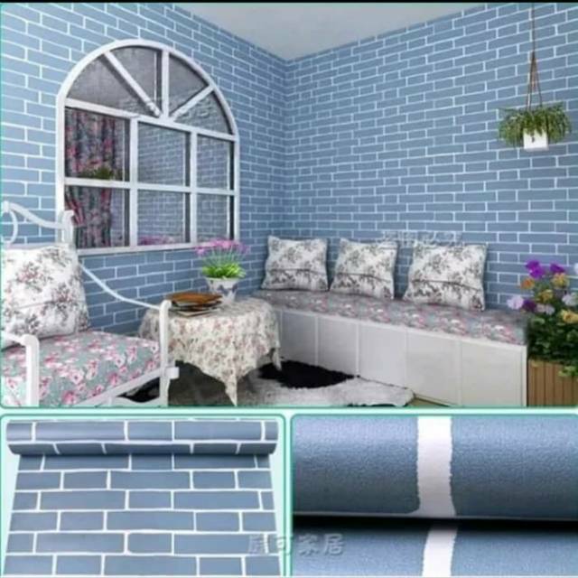 WALLPAPER DINDING MOTIF BATA BIRU LIST PUTIH 10m x 45cm