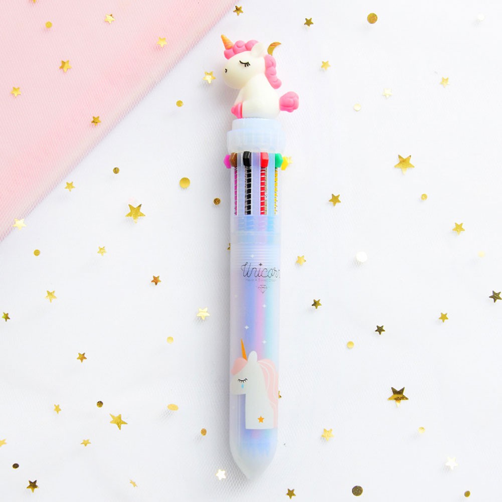 Pulpen 10 Warna Dengan Hiasan Kartun Unicorn Lucu Untuk Sekolah/Kantor