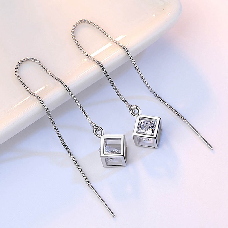 1Pair 925 Sterling Silver Earring Crystal Cube Shape Earrings