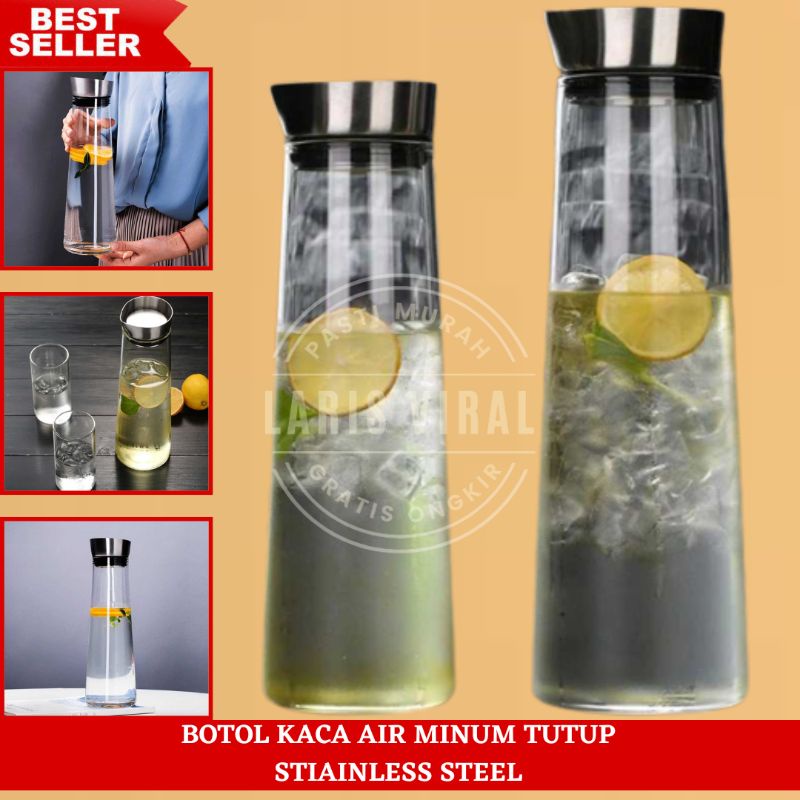 Botol Kaca Tempat Air Minum Tutup Stainless Steel | Botol Kulkas Air Mineral Pitcher Teko Kaca Desai