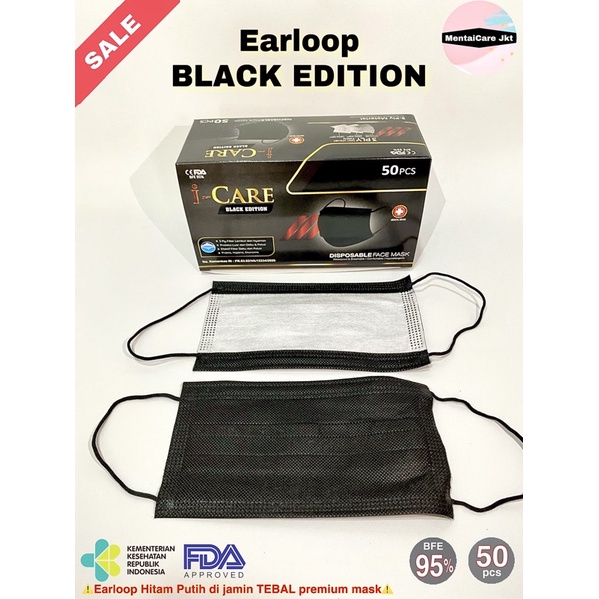i-Care BLACK Edition Earloop 3ply ICARE Disposable face mask masker hitam bedah