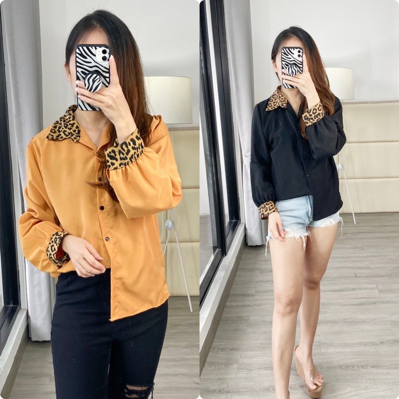 kemeja basic kombinasi leopard / kmj fashion wanita / kemeja lengan pjg