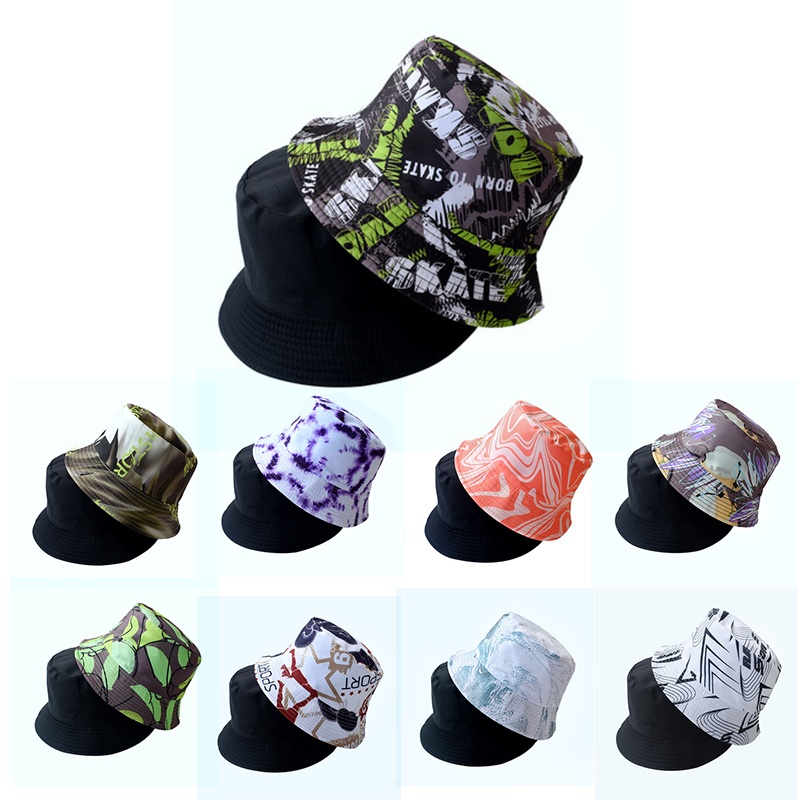 Topi Nelayan Korean Fashion Hat Summer Hat Visor Fisherman Hat  Youth Hip Hop Tide Card Unisex Bucket Hat Cotton Graffiti Beach Hat