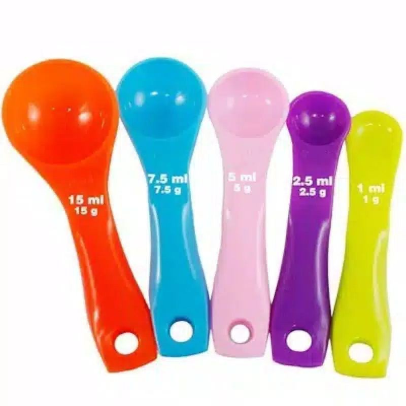 Sendok Plastik Set - AC 45 - Sendok Takar Measuring Spoon / Sendok Set 5 in 1 Warna warni Ukur takaran kue obat resep memasak bumbu masak sup bayi 1 ml, 2.5 ml, 5 ml, 7.5 ml, dan 15 ml grosir murah COD