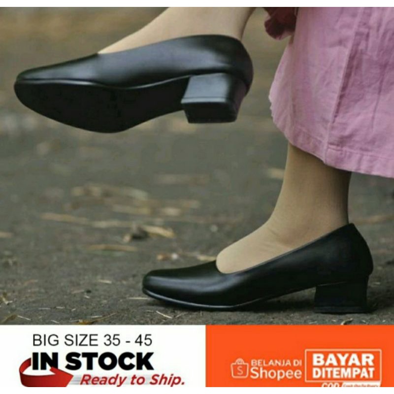 Pantofel Kulit Wanita Sekolah 3cm Big Size 35-45 / Sepatu Oxpord Formal Jumbo Wanita Kantoran Pns / Heels Upacara Paskibra Sekolah, 39Hitam