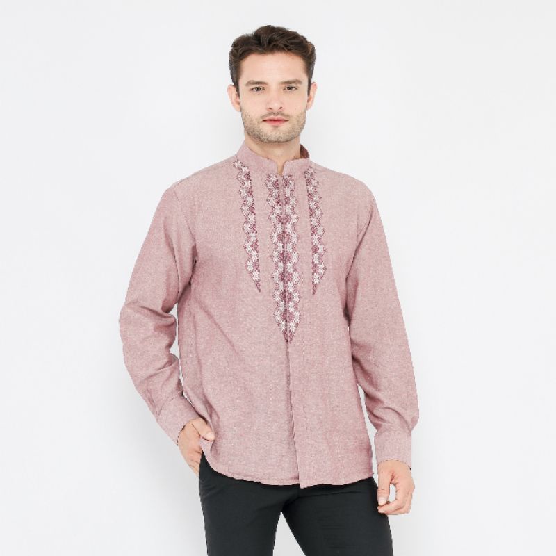 Baju Koko Atlas Elegant Motif VPD Warna Merah Muda