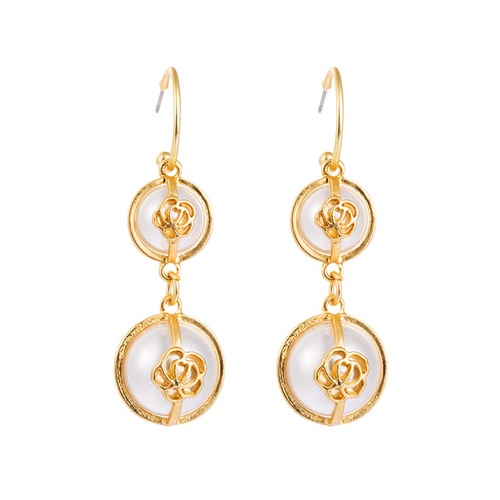 LRC Anting Gantung Fashion Golden Flower-set Pearl Geometric Alloy Earrings K01260