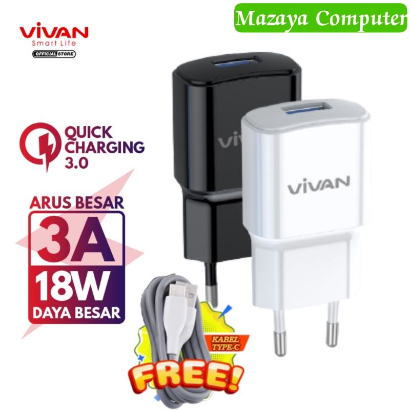 Charger VIVAN OVAL II 3.0 18W Quick Fast Charging 18 Watt 3A Port Smart Adaptor Cad