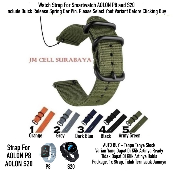Tali Jam 20mm Watch Strap AOLON P8 S20 Smartwatch - Nylon Kanvas Stitching