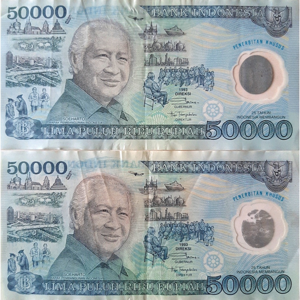 Paket Borongan 2 Lembar Uang 50000 rupiah 1993 Polimer 50000 rupiah Soeharto Polimer Kondisi XF- dan