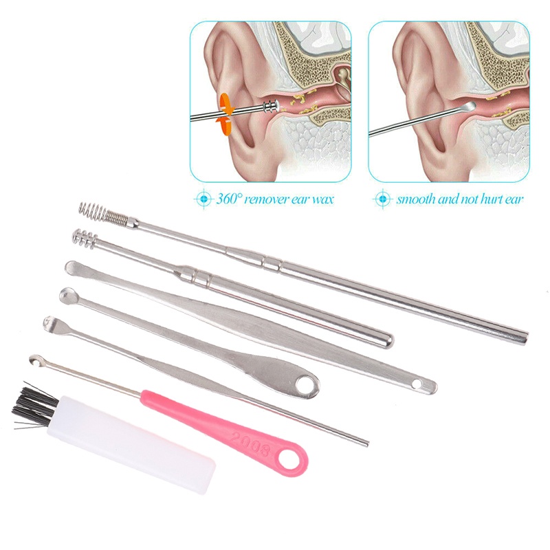 【beautifulhome12.id】7Pcs/Set Stainless Steel Ear Pick Curette Wax Earpick Scoop Remover Cleaner Tool