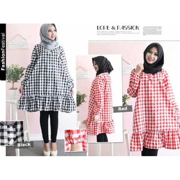 PROMO Tunik babbydoll FT tunik wanita katun kotak hitam dan kotak merah -  FASH1326